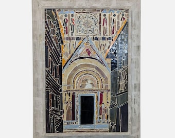 Handmade Mosaic Art: Cathedral Entrance with Rustic Wooden Frame