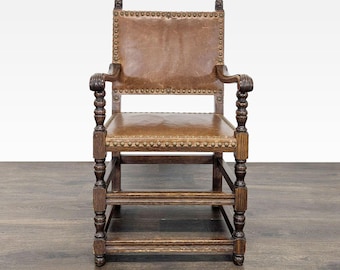 Vintage Leather Dining Armchair with Carved Finials and Nailhead Trim