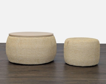 Upholstered Storage Ottoman Set with Removable Wood Tray
