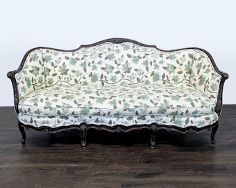 Charming Vintage 3-Seat Sofa with Floral Upholstery and Carved Wood Frame