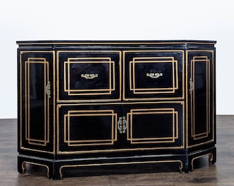Black Lacquer Chinoiserie Hollywood Regency Credenza with Gold Detailing