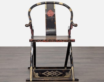 Chinese Folding Horseshoe Prayer Lounge Chair with Red and Gold Accents