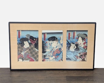 Vintage Morikawa Chikashige Meiji-Era Japanese Woodblock Triptych