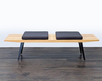 Mid-Century Slatted Wood Bench with Cushions - Stylish Seating
