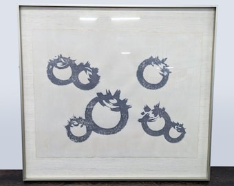 Original Asian Ink on Silk Painting – Abstract Calligraphic Circles w/ Artist Seal (Framed)