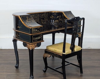 Hand-Painted Chinoiserie Desk and Chair in Black Lacquer