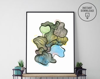Arte imprimible, impresiones descargables, descarga instantánea, arte moderno de la pared, arte abstracto, impresiones de arte, medios mixtos, acuarela, dibujo de tinta