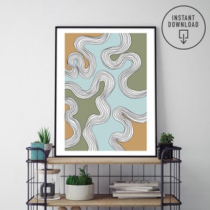 May include: Abstract art print with a blue, green, and brown colour scheme. The print features white lines that create a wavy pattern.