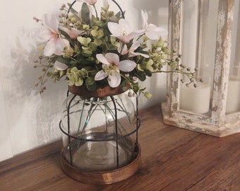 Rustic Wood & Glass Vase with Handle, Farmhouse Centerpiece