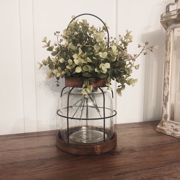 Glass and wood vase, Glass and wood candleholder, Modern farmhouse decor, rustic flower vase, vase with flowers, Summer home decor, flowers