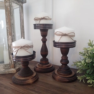 Wood candle holders, Copper candle holder, distressed white farmhouse decor, galvanized pillar candle holder, wood candleholder set of 3