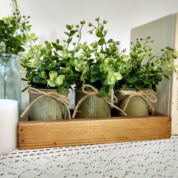 Rustic table centerpiece, Tin pots with greenery, Farmhouse table centerpiece, Rustic home decor, Rustic table decor