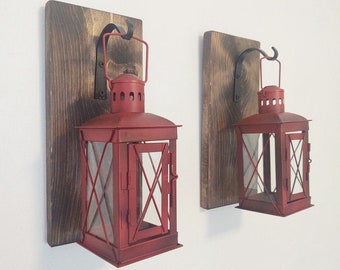 Red Lantern wall sconce set, Metal lantern decor, Rustic lanterns, Candle wall sconces, Modern farmhouse wall decor, Lantern pair,