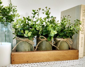 Rustic table centerpiece, Tin pots with greenery, Farmhouse table centerpiece, Rustic home decor, Rustic table decor