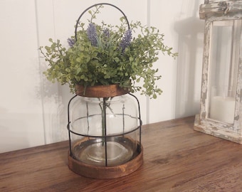 Glass and wood vase, Glass and wood candleholder, Modern farmhouse decor, rustic flower vase, vase with flowers, Summer home decor, flowers