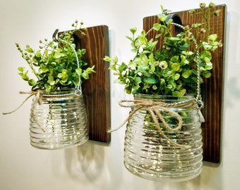 Farmhouse Jar Wall Sconce, Rustic Wood Decor, Faux Greenery and Lights