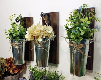 Rustic Farmhouse Wall Decor, Metal Planter with Greenery