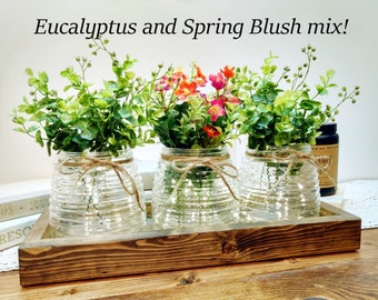 Farmhouse Table Centerpiece, Glass Jars, Faux Floral Decor, Lighted Jars