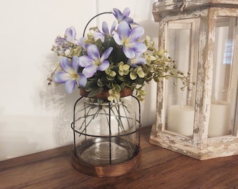 Wedding centerpiece, Vase with flowers, Rustic candle holder, Farmhouse kitchen bouquet in glass vase, Boho decor, wood and glass lantern