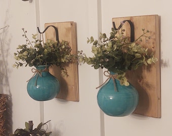 Rustic wall decor, coastal beach wall decor, vase with flowers, turquoise vases, Farmhouse wall decor, Boho chic home decor, ceramic vase