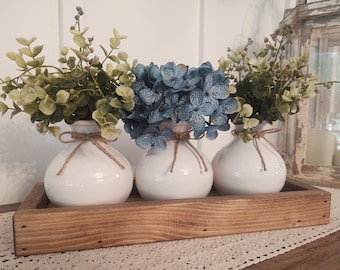 Farmhouse Centerpiece: Rustic Wood Box, White Ceramic Vases