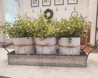 Farmhouse Table Centerpiece, Corrugated Tin Planter Tray