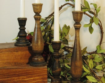 Stained wooded candlestick holders, taper candlesticks, Holiday candleholders, Wood candleholders, Candlestick set, Rustic candle holders