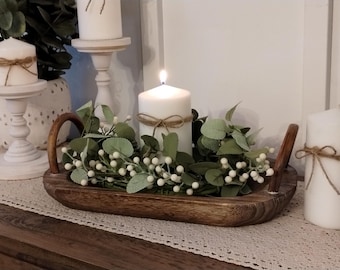 Farmhouse style table centerpiece, small centerpiece, lamb's ear, wood table decor, tray with handles, rustic table decor, boho table decor