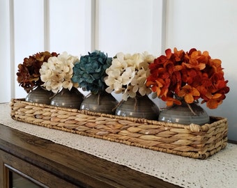 Farmhouse Table Centerpiece, Hydrangea Bouquet, Water Hyacinth Tray