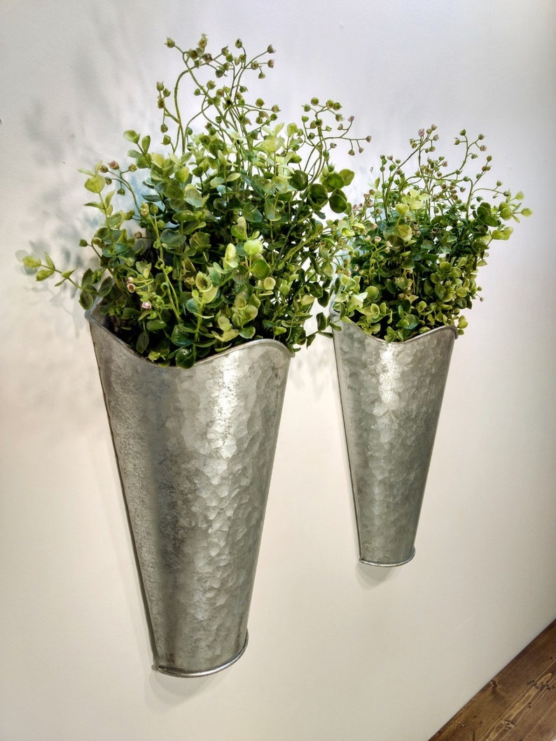 Galvanized Wall Pocket Large Sconce Decor With Eucalyptus Greenery Rustic Home Farmhouse