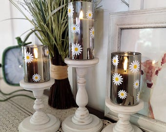 Rustic Wooden Pillar Candle Holder Set: Gray Glass Flameless Candles with Remote
