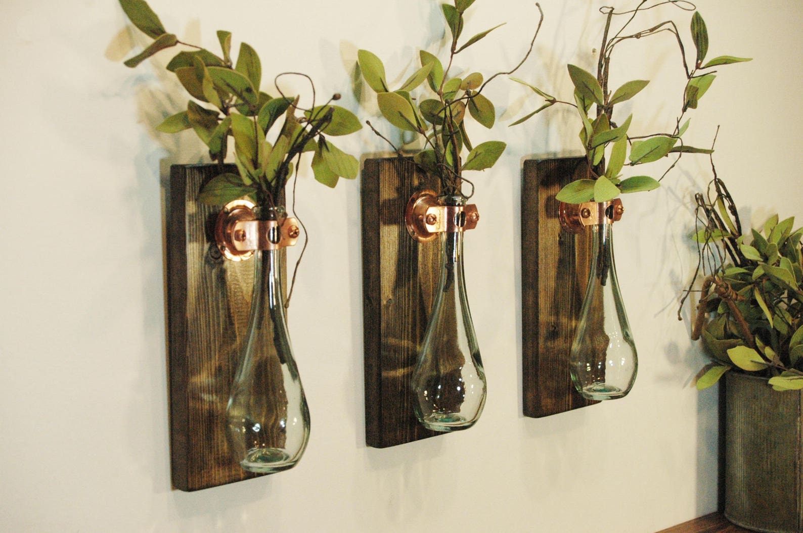 Farmhouse Wall Vase: Knotty Pine & Copper Plant Propagation Bottle - Set of 3, Weathered Gray