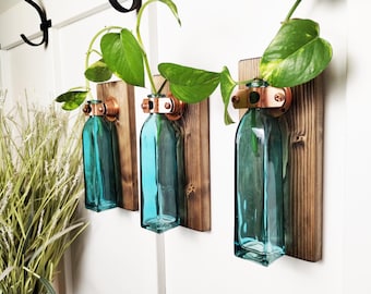 Blue glass vase, wall mount, rooter vase, cuttings starter, Farmhouse Style, Boho decorations