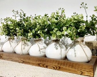 Rustic decor centerpiece, Gray and White decor, Farmhouse table centerpiece, Fall table decor, Planters in wood box, ceramic vases