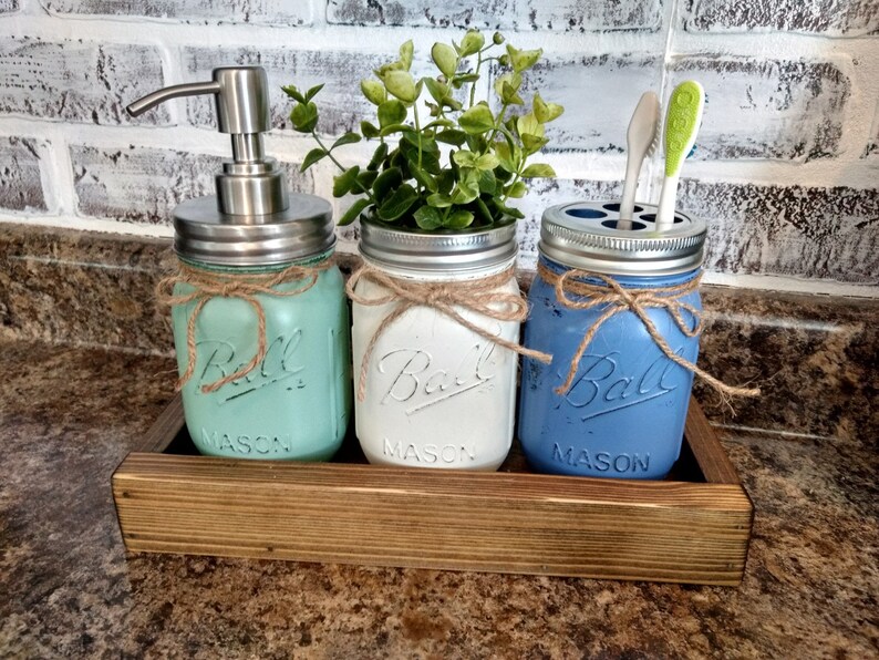 Rustic bathroom decor Guest bath decor Mason jar bath caddy Etsy