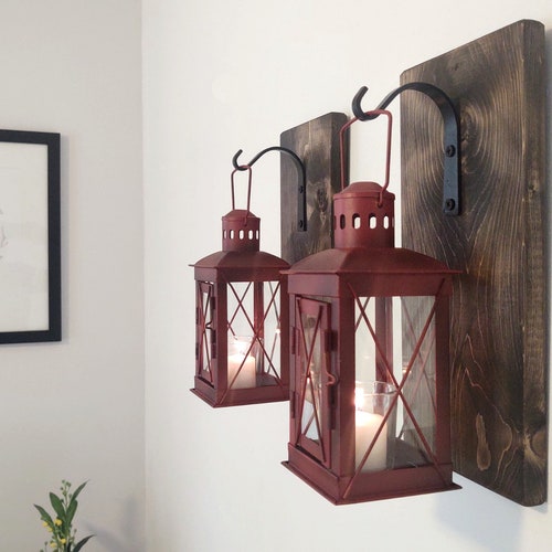 Red Lantern Wall Sconce Set Metal Lantern Decor Rustic Etsy