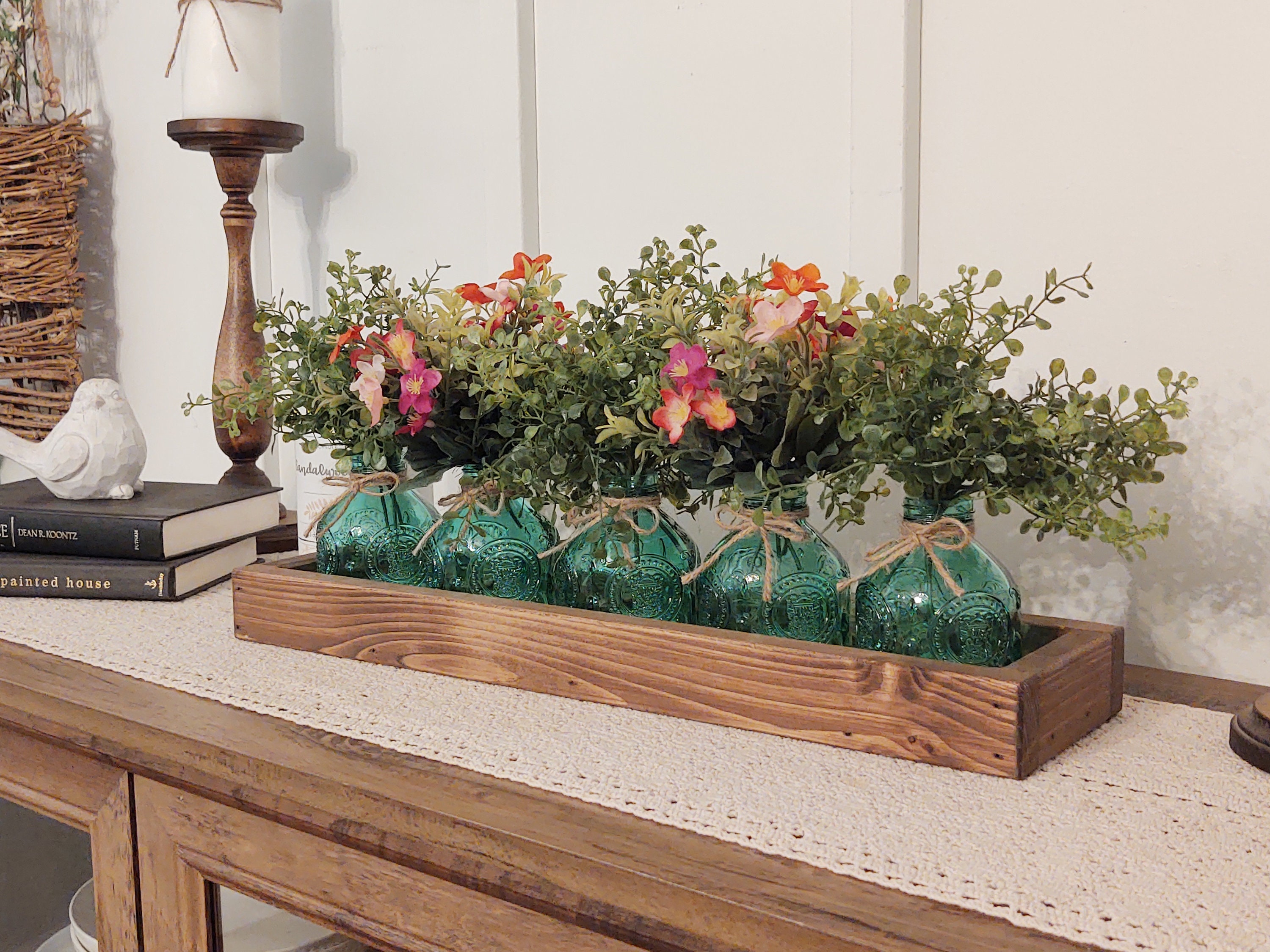 Centerpiece with flowers, green glass bottles, green glass vases, farmhouse table centerpiece, farmhouse style home decor,rustic table decor