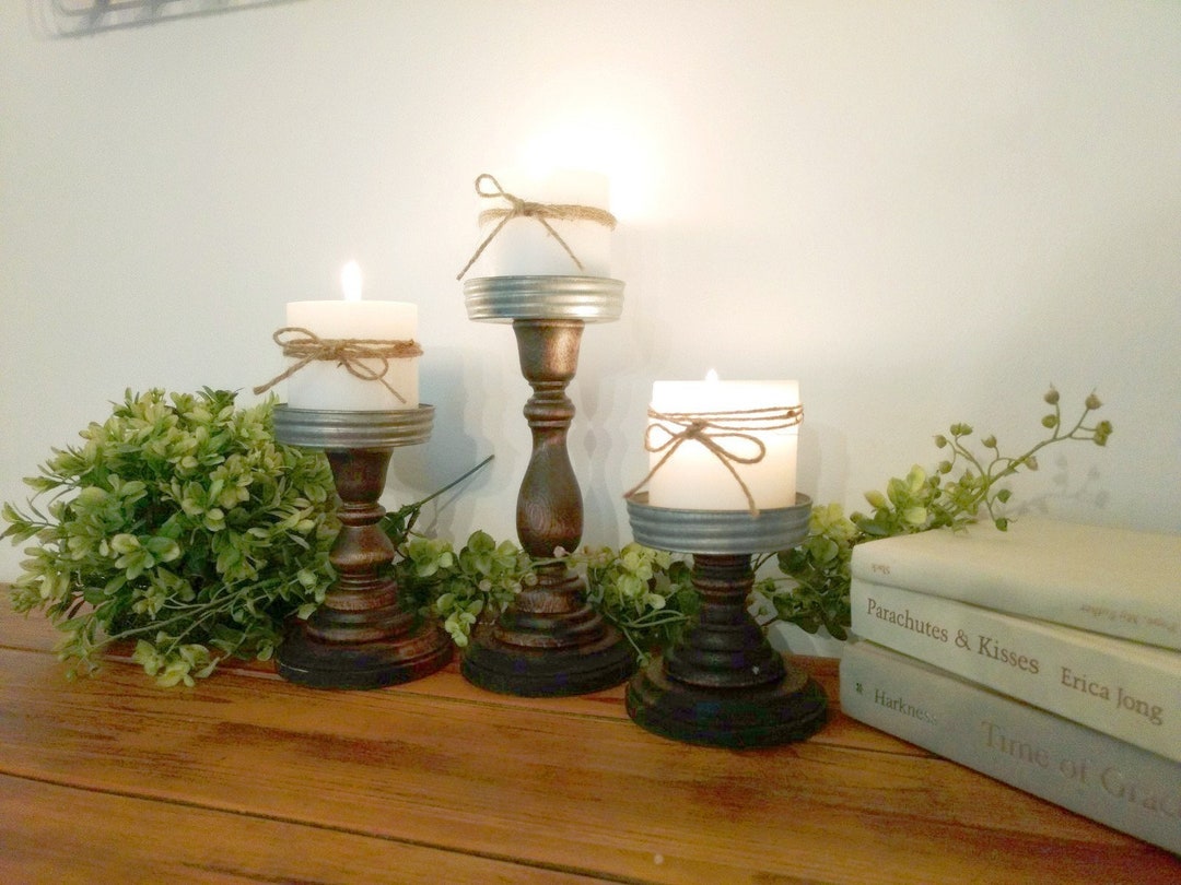 Rustic Farmhouse Wood Candlestick Set, Mason Jar Lid Candle Holders - Etsy