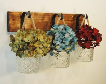 Rustic wall decor with flowers, glass vase, Kitchen wall decor, Hanging wall vase, jar with hanger, Hydrangea flowers, Summer home decor