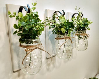 Rustic kitchen decor, mason jar home decor, Wall sconce set, Modern farmhouse wall decor, Hanging jars, fairy lights, Boho Kitchen decor