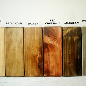 May include: Wood stain colour samples in Golden Oak, Provincial, Honey, Red Chestnut, Jacobean, and Weathered Grey.