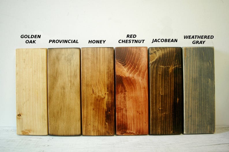 May include: Wood stain colour samples in Golden Oak, Provincial, Honey, Red Chestnut, Jacobean, and Weathered Grey.