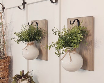 White ceramic hanging vase, modern farmhouse wall decor, wall planter, wall sconce set, housewarming gift, wedding shower gift, unique gift