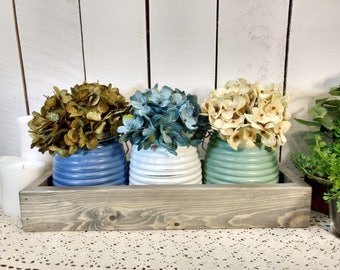 Rustic Farmhouse Table Centerpiece, Honey Pot Jars, Knotty Pine Box