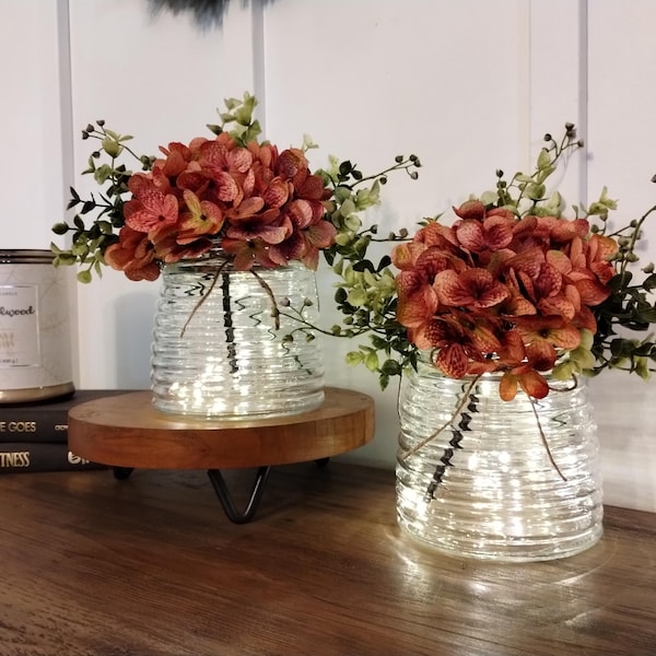 Hydrangea Centerpiece, Rustic Wedding Table Decor, Lit Vase