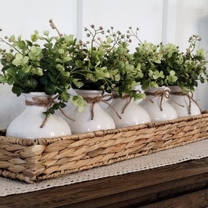 Boho Farmhouse Table Centerpiece: Woven Basket with Ceramic Vases