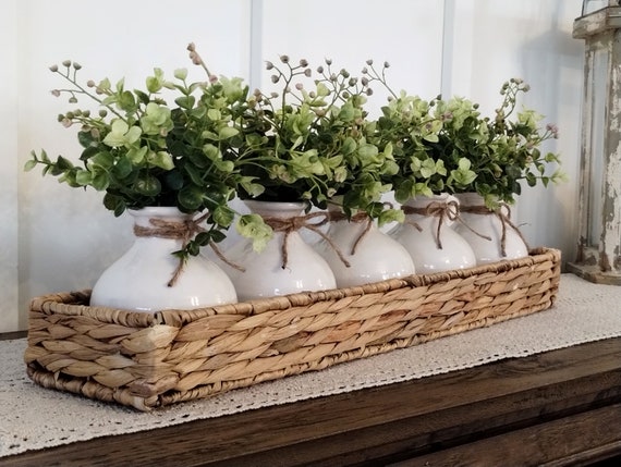 Boho Farmhouse Table Centerpiece: Woven Basket with Ceramic Boho Farmhouse Table Centerpiece: Woven Basket with Ceramic