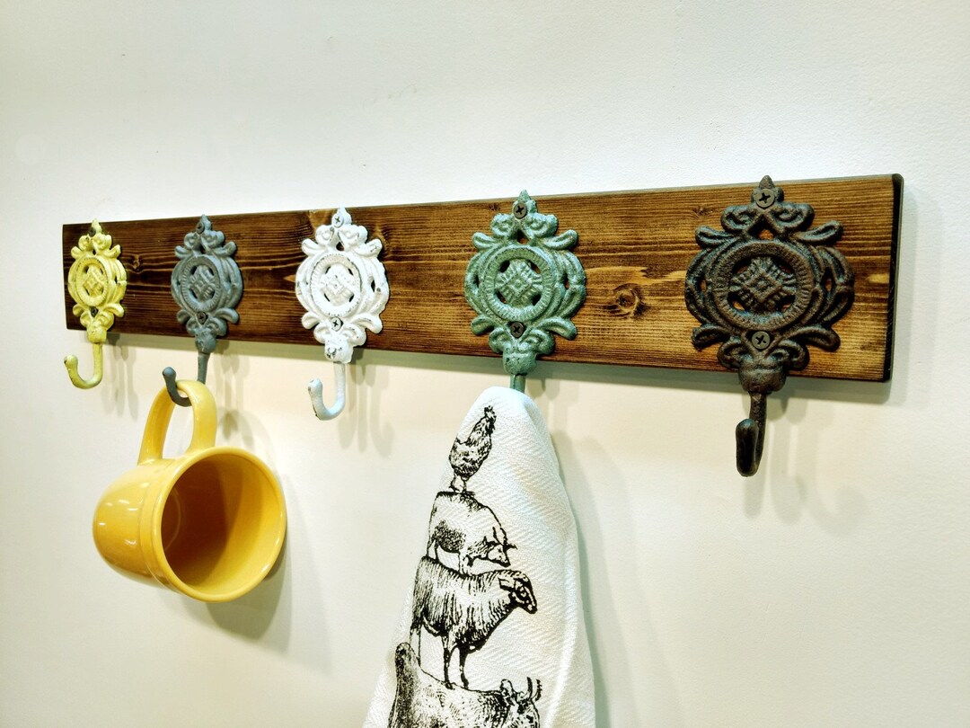 Rustic Wood Hook Rack, Ornate Metal Hooks, Entryway Decor - Etsy