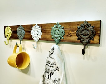 Rustic Wood Hook Rack, Ornate Metal Hooks, Entryway Decor