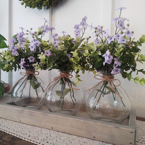 Farmhouse table centerpiece, Forget me not flowers, Spring and Summer home decor, vases with flowers, eucalyptus greenery, Modern kitchen